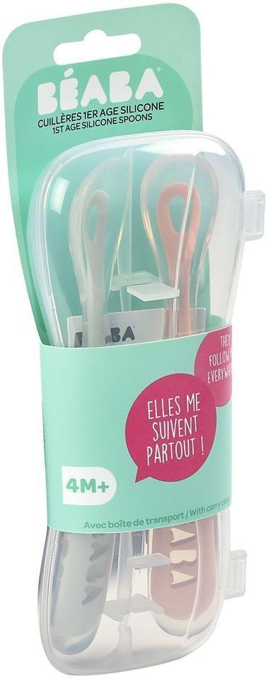 BEABA PRADINIO MAITINIMO SILIKONINIŲ 2 VNT.ŠAUKŠTELIŲ RINKINYS SU DĖŽUTE, COTTON CANDY/SORBET DUO