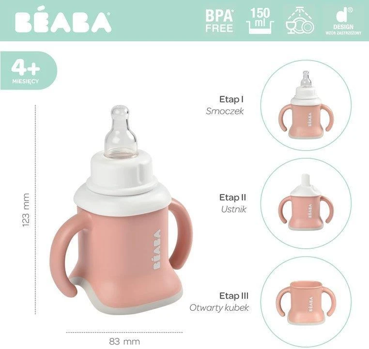 Beaba 3in1 mokomasis puodelis, spalva: old pink