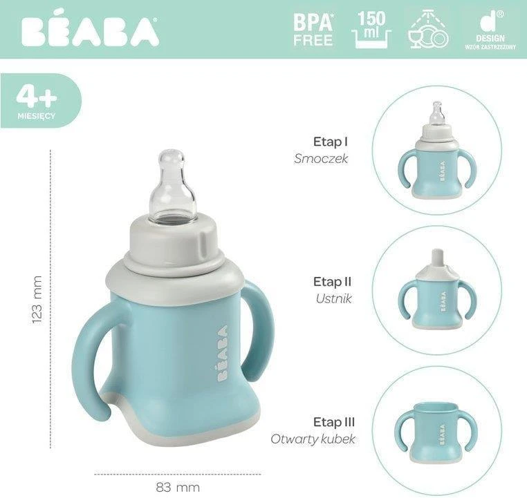 Beaba 3in1 mokomasis puodelis, spalva: airy green