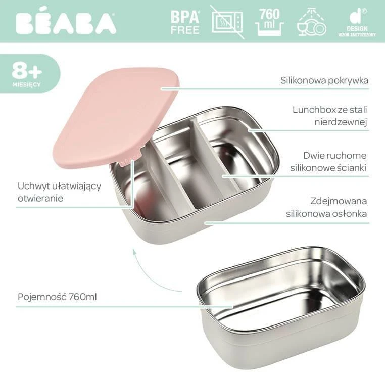 BEABA METALINĖ REGULIUOJAMŲ SKYRIŲ PIETŲ DĖŽUTĖ, DUSTY ROSE