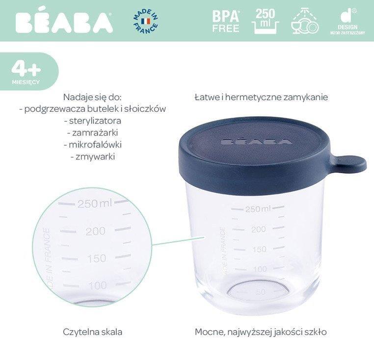 Beaba stiklinis indelis su dangteliu, 250 ml, tamsiai mėlynas