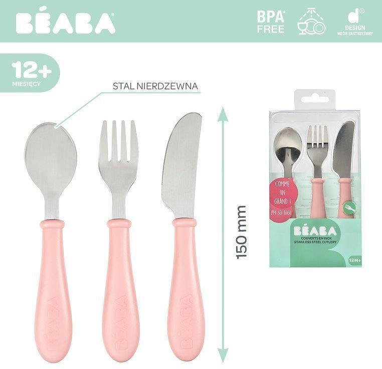 Beaba nerūdijančio plieno stalo įrankiai, 12 mėn. Spalva: old pink