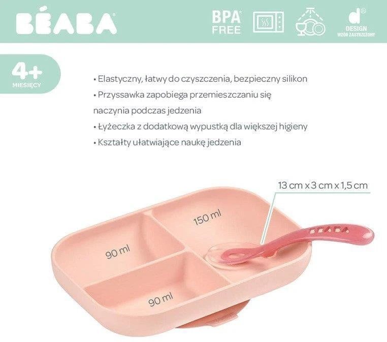 Beaba silikoninė dugnu prilimpanti 3 skyrių lėkštė su šaukšteliu, rožinis