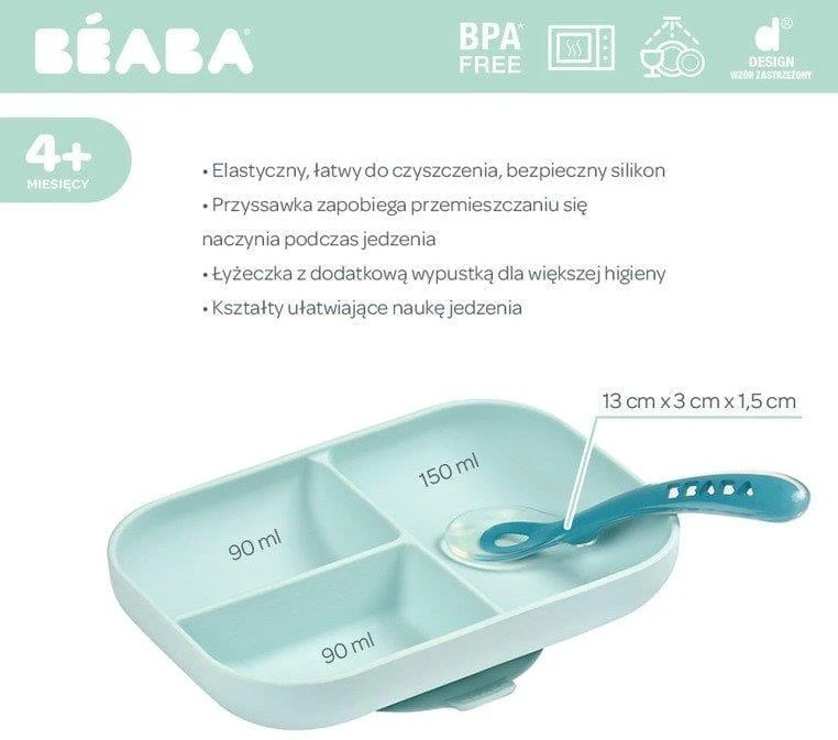 Beaba silikoninė dugnu prilimpanti 3 skyrių lėkštė su šaukšteliu, mėlynas