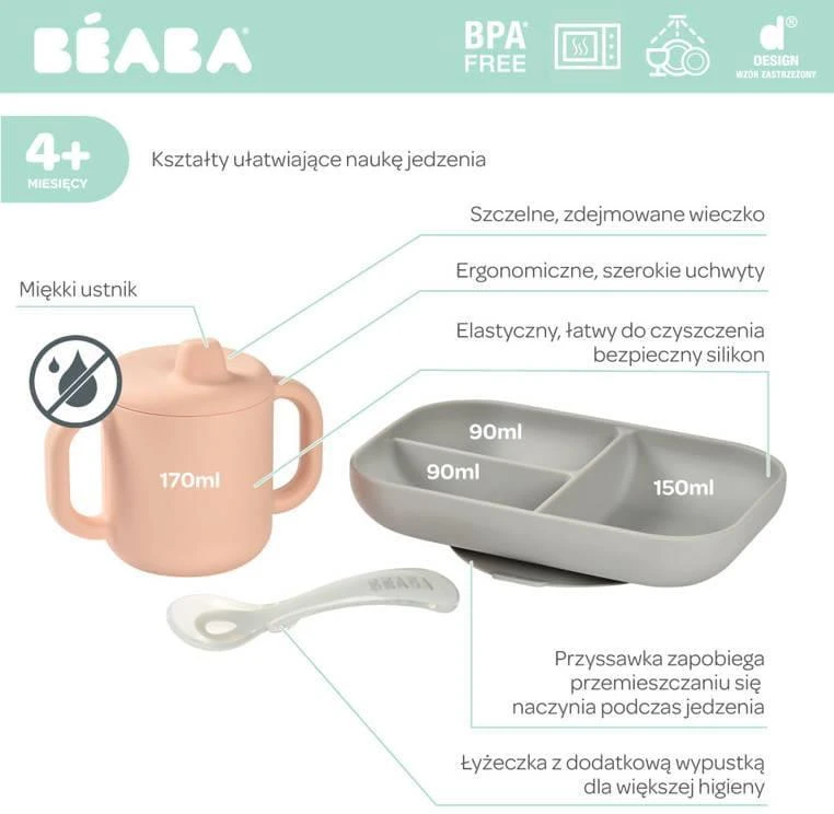 BEABA SILIKONINIS 3 DALIŲ PIETŲ RINKINYS VAIKAMS, Rožinis