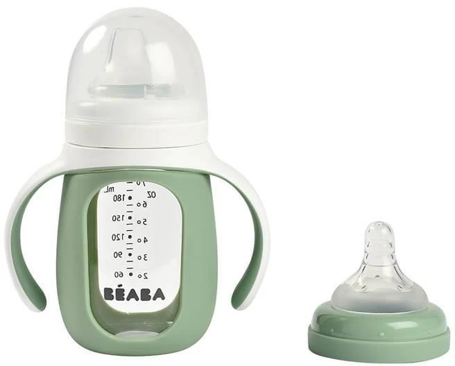 BEABA MOKOMASIS STIKLINIS BUTELIUKAS-GERTUVĖ 2IN1, 210 ML, SAGE Žalias, SILIKONINIAME DĖKLE