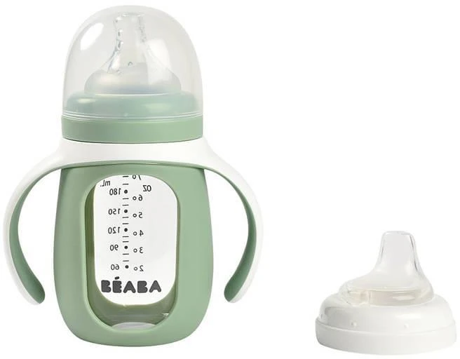 BEABA MOKOMASIS STIKLINIS BUTELIUKAS-GERTUVĖ 2IN1, 210 ML, SAGE Žalias, SILIKONINIAME DĖKLE