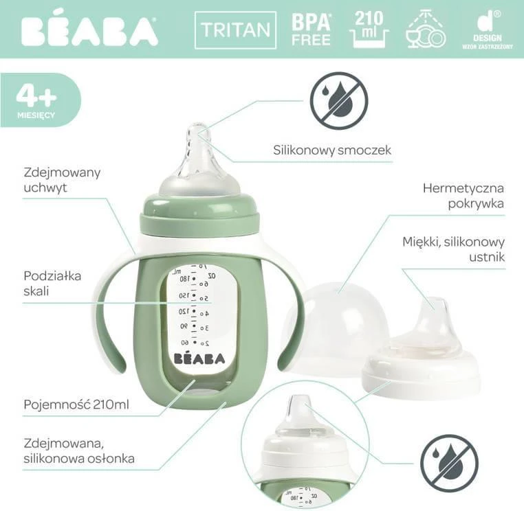 BEABA MOKOMASIS STIKLINIS BUTELIUKAS-GERTUVĖ 2IN1, 210 ML, SAGE Žalias, SILIKONINIAME DĖKLE