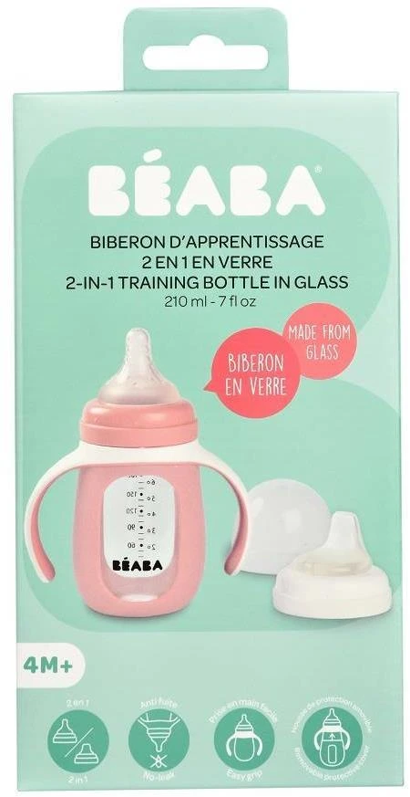 BEABA MOKOMASIS STIKLINIS BUTELIUKAS-GERTUVĖ 2IN1, 210 ML, OLD Rožinis, SILIKONINIAME DĖKLE