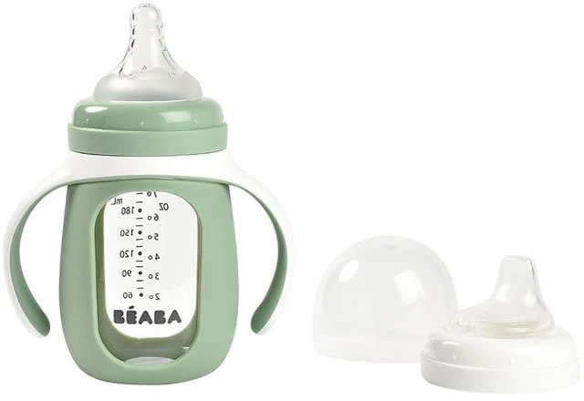 BEABA MOKOMASIS STIKLINIS BUTELIUKAS-GERTUVĖ 2IN1, 210 ML, SAGE Žalias, SILIKONINIAME DĖKLE