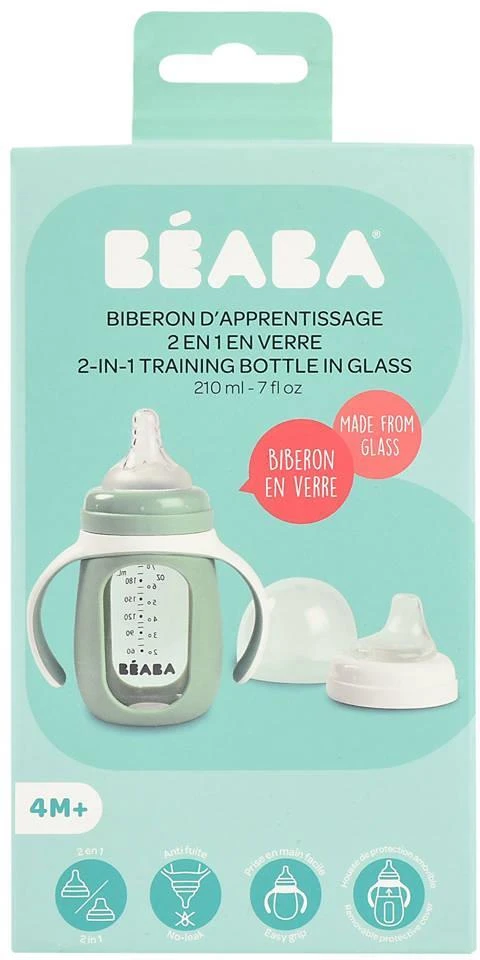 BEABA MOKOMASIS STIKLINIS BUTELIUKAS-GERTUVĖ 2IN1, 210 ML, SAGE Žalias, SILIKONINIAME DĖKLE