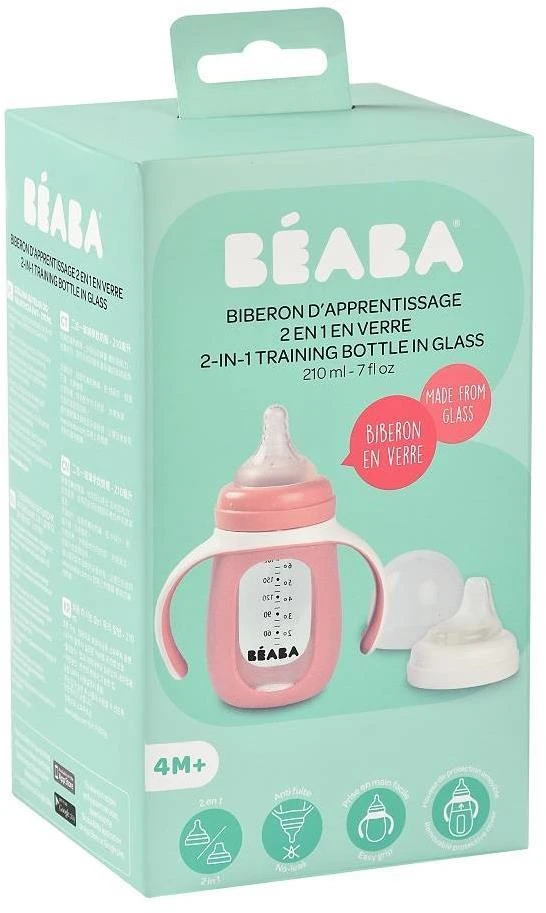 BEABA MOKOMASIS STIKLINIS BUTELIUKAS-GERTUVĖ 2IN1, 210 ML, OLD Rožinis, SILIKONINIAME DĖKLE