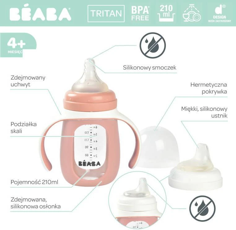 BEABA MOKOMASIS STIKLINIS BUTELIUKAS-GERTUVĖ 2IN1, 210 ML, OLD Rožinis, SILIKONINIAME DĖKLE
