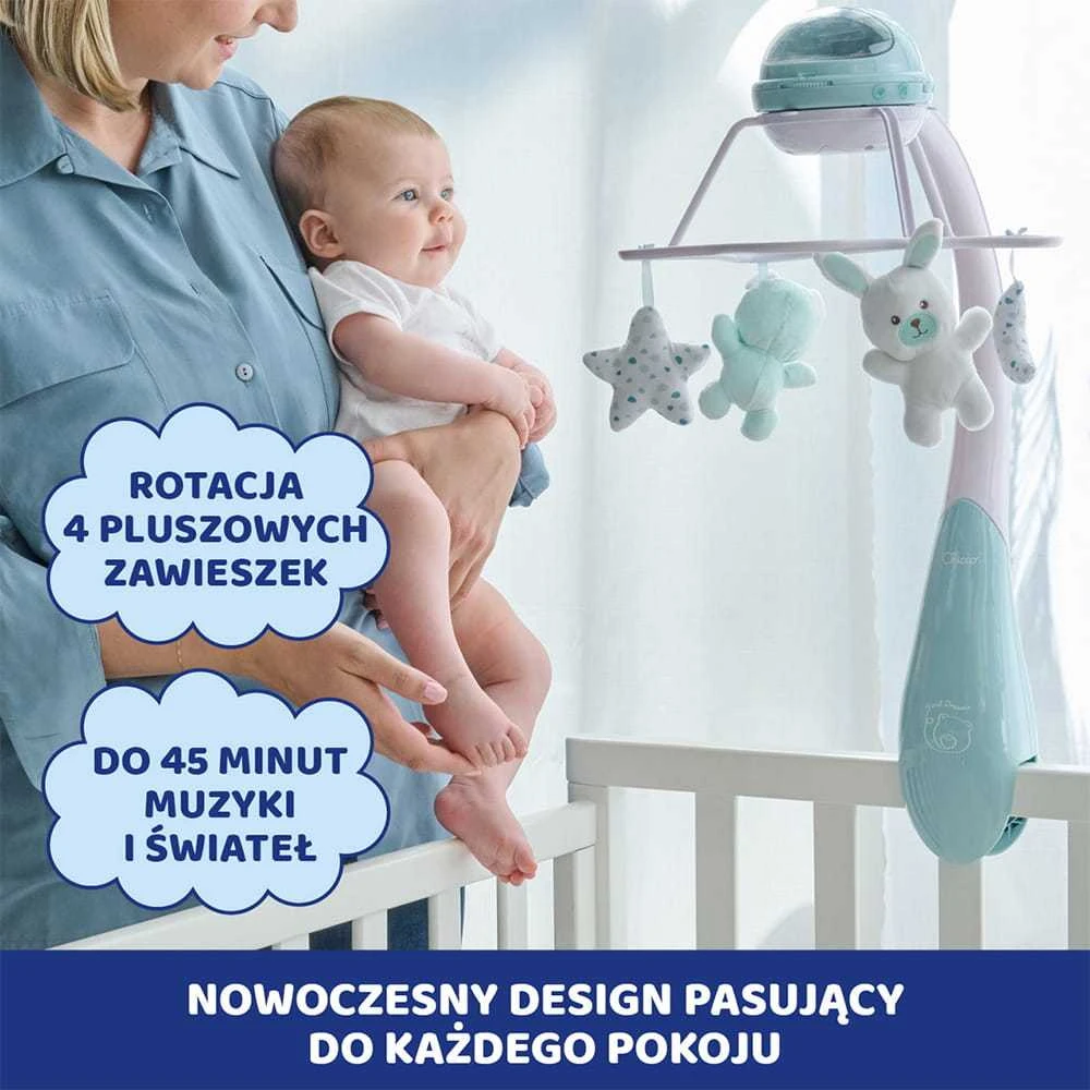 Chicco Rainbow karuselė su pliušiniais žaislais ir kūdikiu