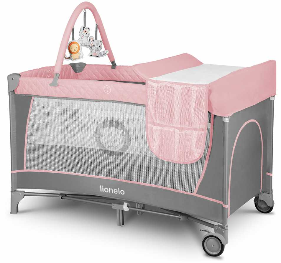 Kelioninė lovelė-maniežas 2in1 su vystymo stalu, 2 aukštai – Lionelo Flower Flamingo