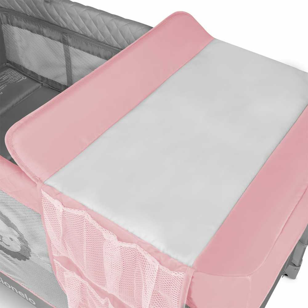 Kelioninė lovelė-maniežas 2in1 su vystymo stalu, 2 aukštai – Lionelo Flower Flamingo