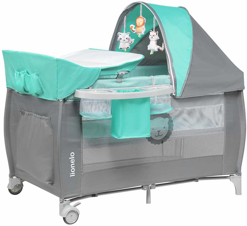 Kelioninė lovytė-maniežas su vystymo stalu iki 15 kg Lionelo Sven Plus Turquoise/Pilkas