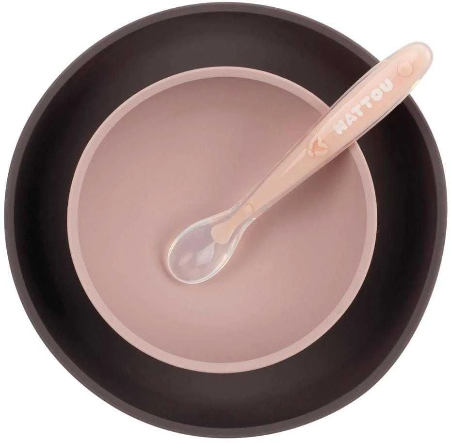 Nattou silikoniniai indai vaikams, 3in1 rinkinys su šaukšteliu | Violetinė-rožinė