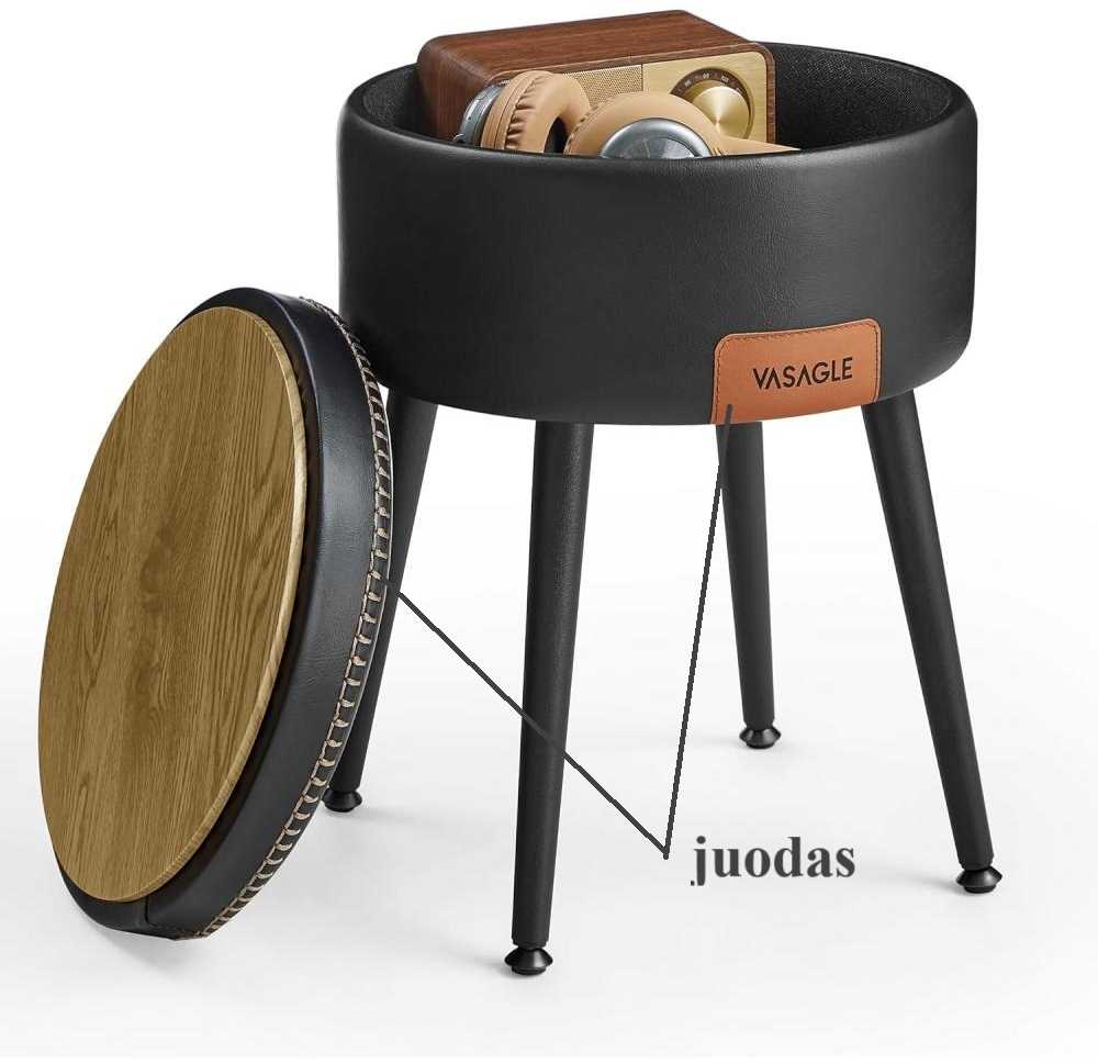 Apvalus pufas (kosmetinė kėdė) su daiktadėže, juodas – patogus ir tvirtas, 3-in-1: kėdė, staliukas, pakojis