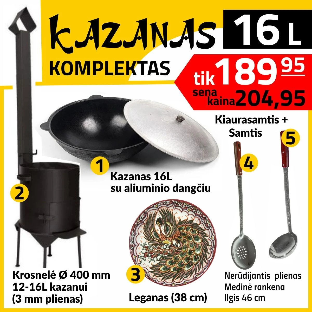 Rištan Komplektas: Krosnelė (3mm) Kazanas 16L - Dangtis-keptuvė- Kiaurasamtis - Peilis