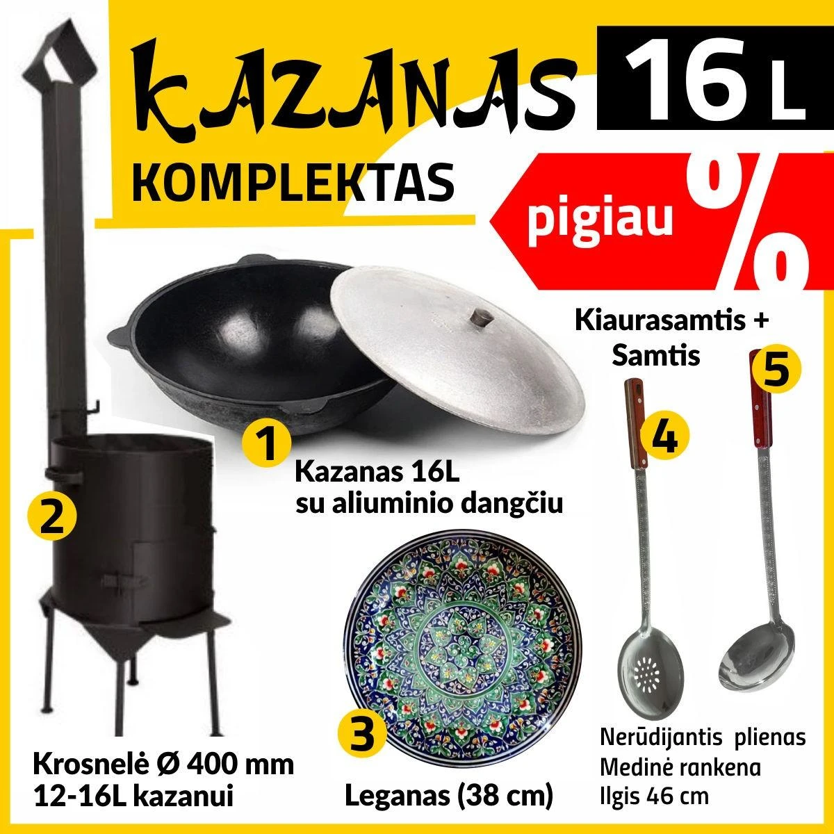 Rištan Komplektas: Krosnelė (3mm) Kazanas 16L - Dangtis-keptuvė- Kiaurasamtis - Peilis