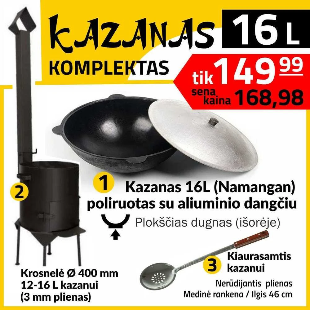 Komplektas: Krosnelė kazanui d460, 3mm + Uzbekiškas kazanas 16L Namangan (išdegintas, poliruotas) | plokščias dugnas + Kiaurasamtis