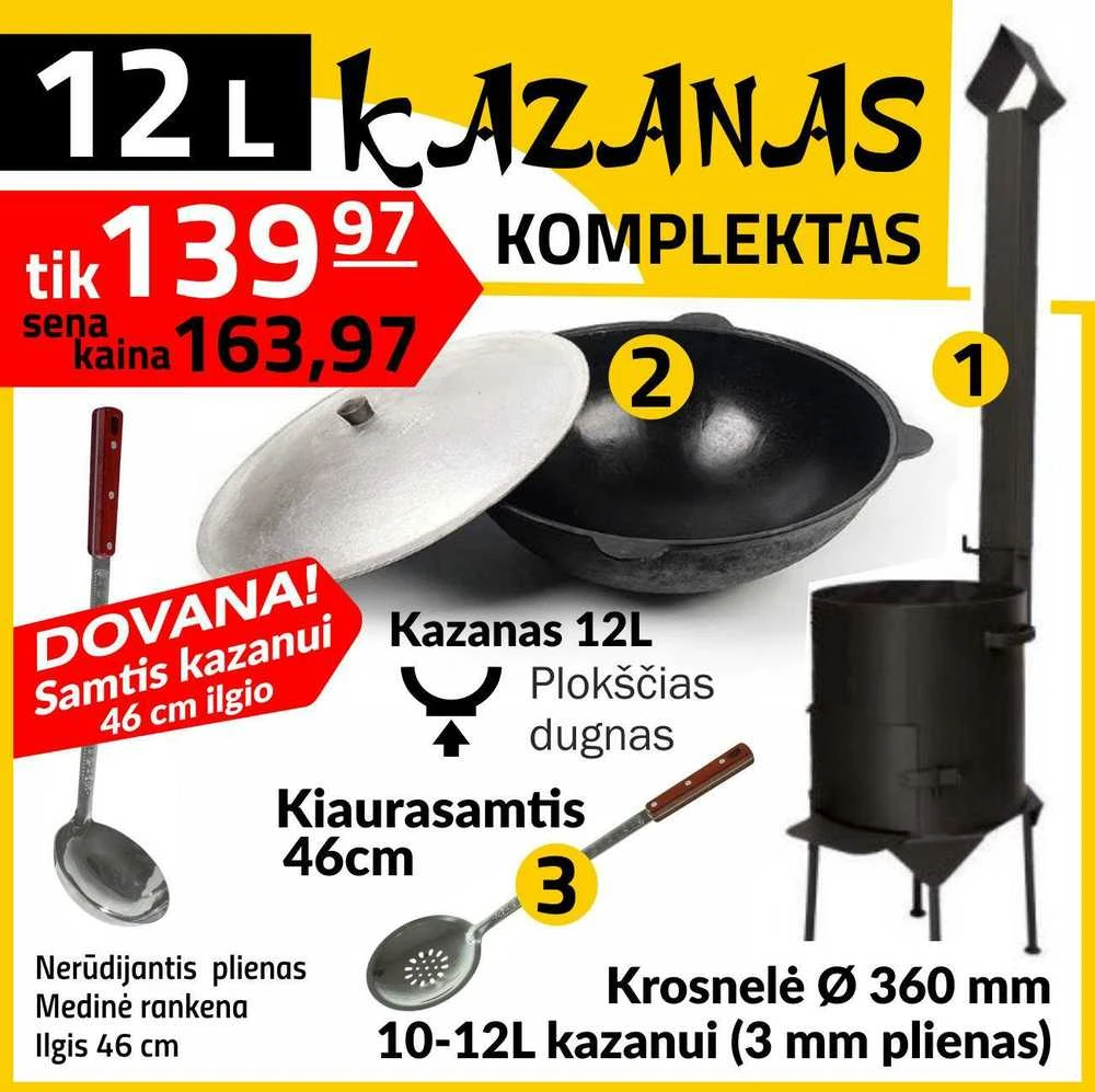 Komplektas: Krosnelė kazanui 12L / Namangan kazanas 12L / Kiaurasamtis ir samtis 46 cm