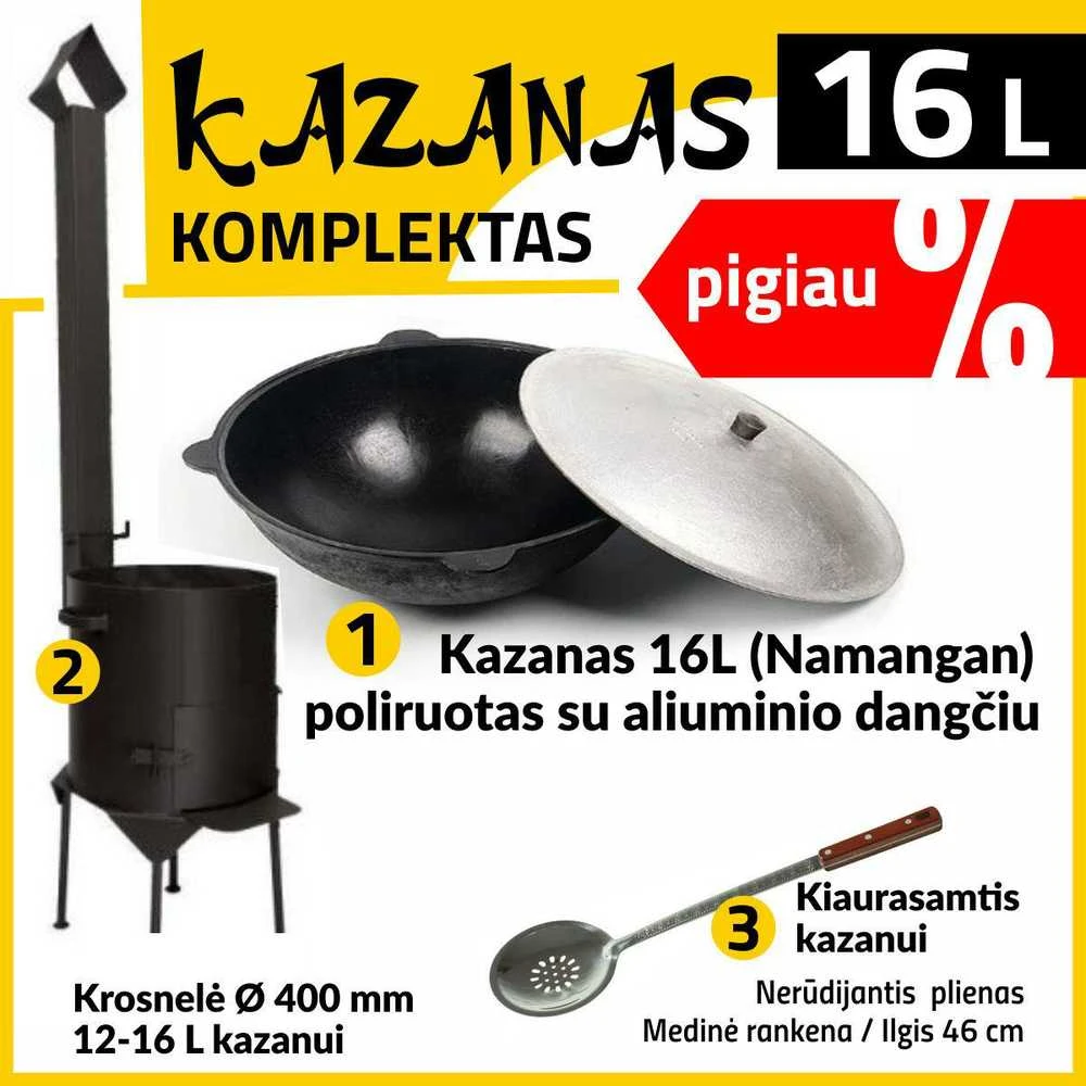 Komplektas: Krosnelė kazanui d460, 3mm + Uzbekiškas kazanas 16L Namangan (išdegintas, poliruotas) | plokščias dugnas + Kiaurasamtis