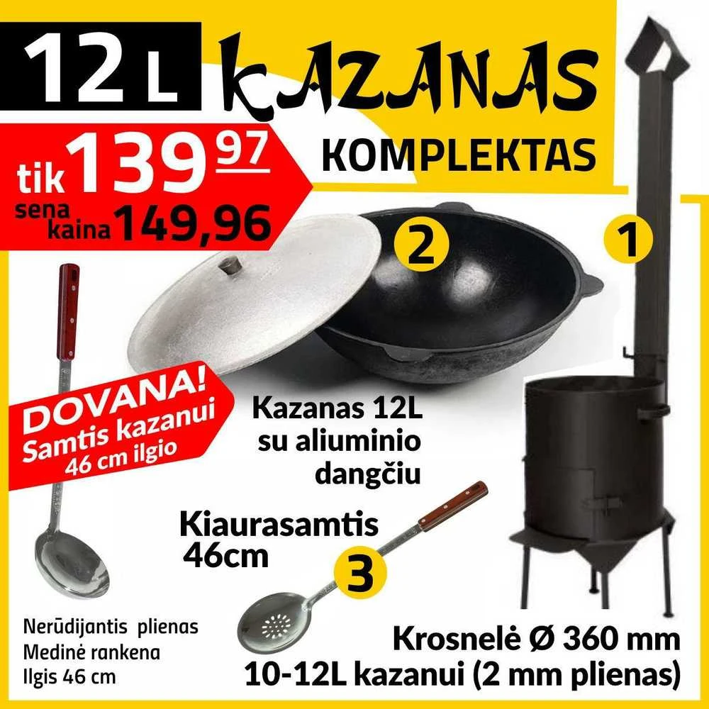 Komplektas: Krosnelė kazanui 12L / Namangan kazanas 12L / Kiaurasamtis ir samtis 46 cm Kazan Mangal