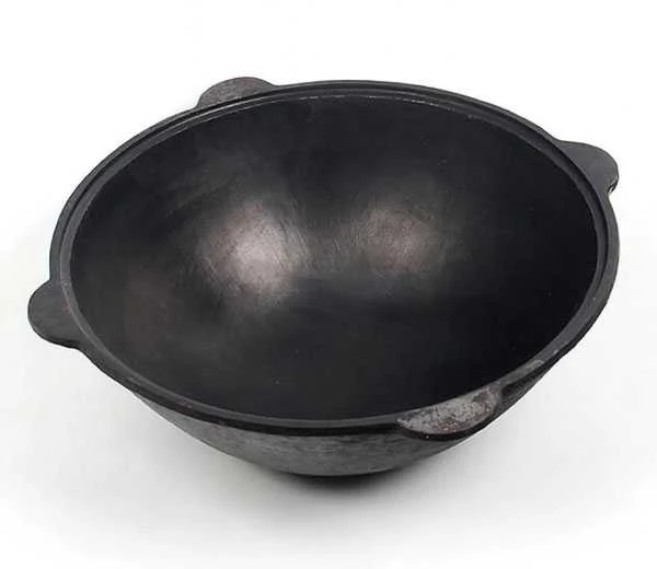 Uzbekiškas poliruotas kazanas 10L (Namangan | plokščias dugnas) +Ketaus dangtis-keptuvė +Leganas 38 cm + 46cm kiaurasamtis