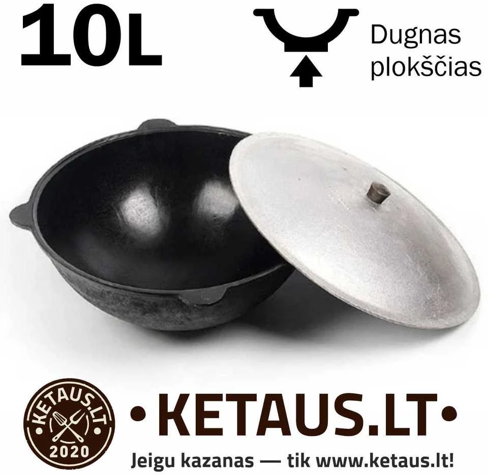 Uzbekiškas poliruotas kazanas 10l (Namangan) plokščias dugnas, juodas dangtis