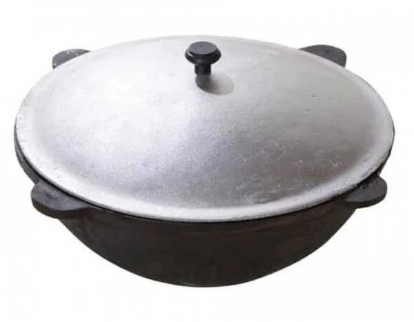 Uzbekiškas poliruotas kazanas 10L (Namangan | plokščias dugnas) +Ketaus dangtis-keptuvė +Leganas 38 cm + 46cm kiaurasamtis