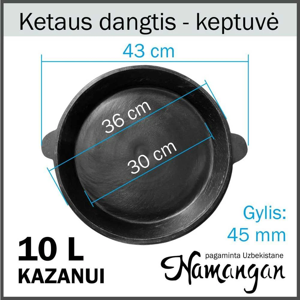 Uzbekiškas poliruotas kazanas 10L (Namangan | plokščias dugnas) +Ketaus dangtis-keptuvė +Leganas 38 cm + 46cm kiaurasamtis