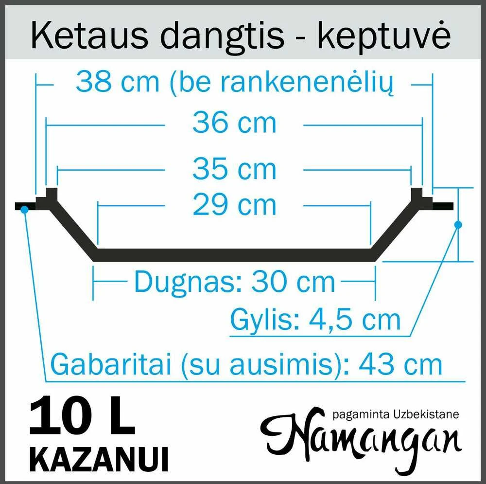 Uzbekiškas poliruotas kazanas 10L (Namangan | plokščias dugnas) +Ketaus dangtis-keptuvė +Leganas 38 cm + 46cm kiaurasamtis