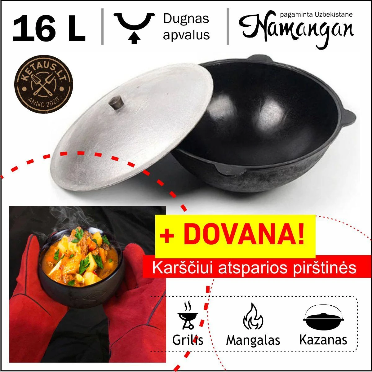 Uzbekiškas poliruotas kazanas 10L (Namangan) su Dovana!