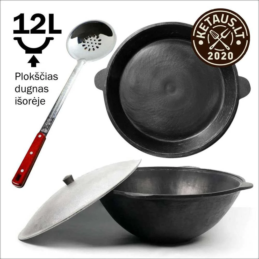 Uzbekiškas poliruotas kazanas 12l (Namangan) plokščias dugnas (išorėje) +Ketaus dangtis-keptuvė +46cm kiaurasamtis