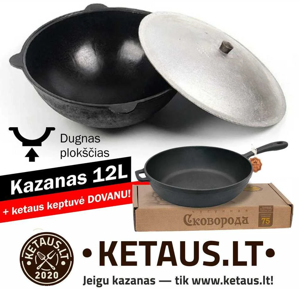 Užbekiškas poliruotas kazanas 12L (Namangan) plokščias dugnas ir keptuvė — PIGIAU!