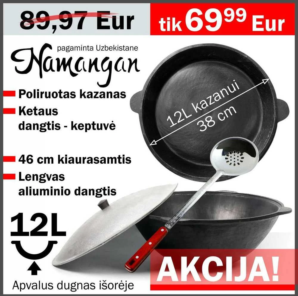 Uzbekiškas poliruotas kazanas 12l (Namangan) plokščias dugnas (išorėje) +Ketaus dangtis-keptuvė +46cm kiaurasamtis
