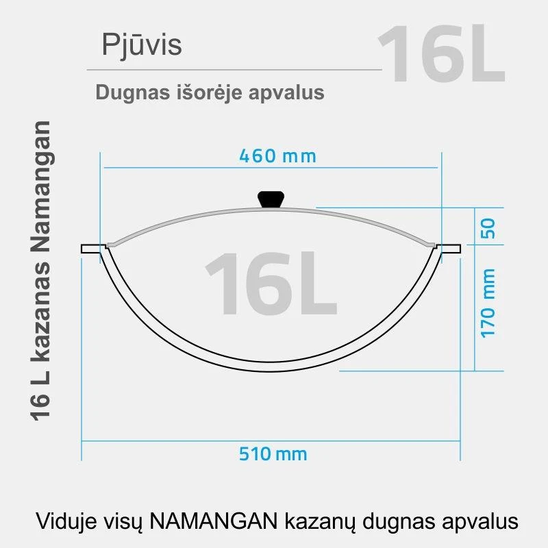 Uzbekiškas poliruotas kazanas 16L (Namangan) su ketaus dangčiu-keptuve | apvalus dugnas