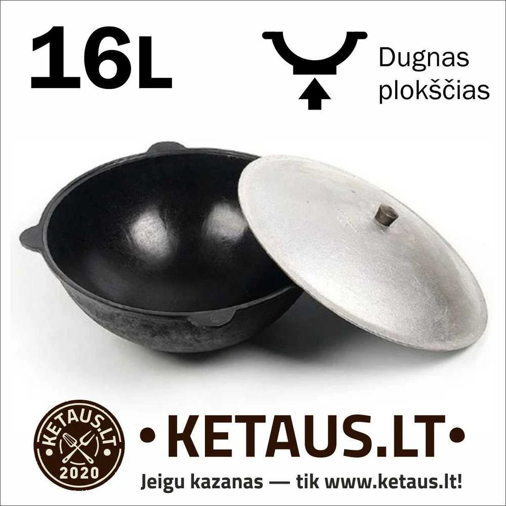 Rištan Uzbekiškas poliruotas kazanas 16l (Namangan) plokščias dugnas (išorėje) +Ketaus dangtis-keptuvė +Leganas 38 cm + 46cm kiaurasamtis