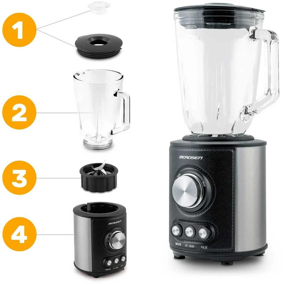 Juodas BD-751 Berdsen stiklinis trintuvas smoothie kokteiliams ir ledui, 1,5 l, 800 W