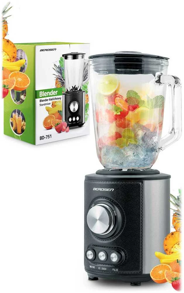 Juodas BD-751 Berdsen stiklinis trintuvas smoothie kokteiliams ir ledui, 1,5 l, 800 W