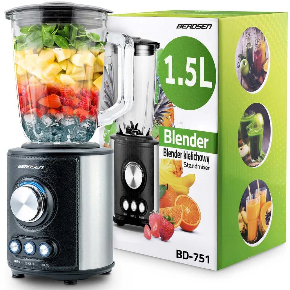 Juodas BD-751 Berdsen stiklinis trintuvas smoothie kokteiliams ir ledui, 1,5 l, 800 W