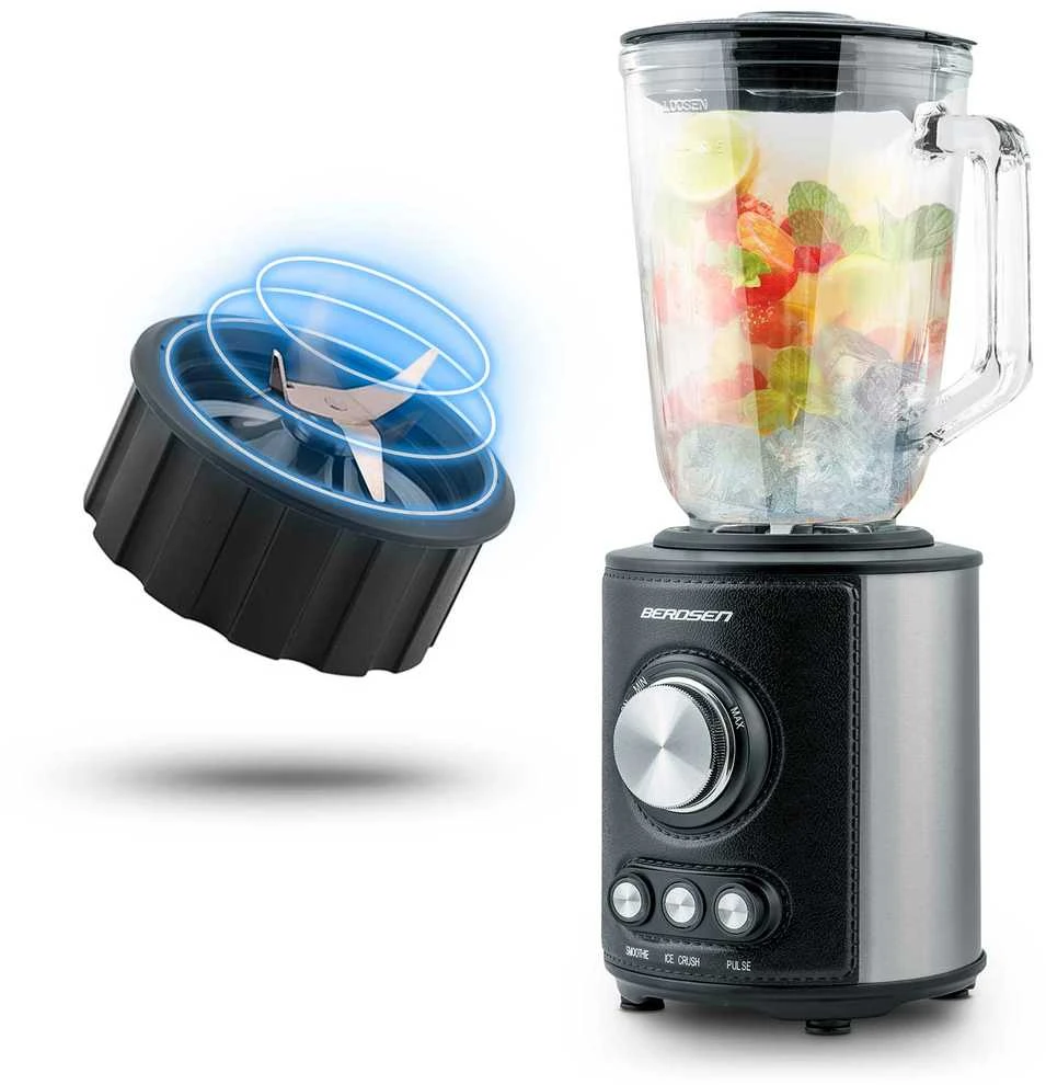 Juodas BD-751 Berdsen stiklinis trintuvas smoothie kokteiliams ir ledui, 1,5 l, 800 W