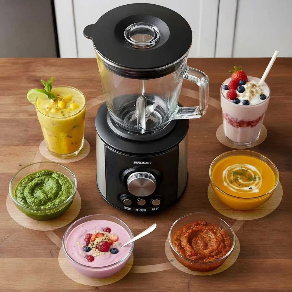 Juodas BD-751 Berdsen stiklinis trintuvas smoothie kokteiliams ir ledui, 1,5 l, 800 W