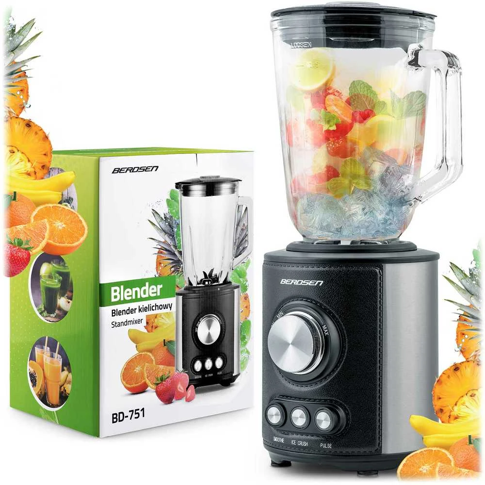 Juodas BD-751 Berdsen stiklinis trintuvas smoothie kokteiliams ir ledui, 1,5 l, 800 W