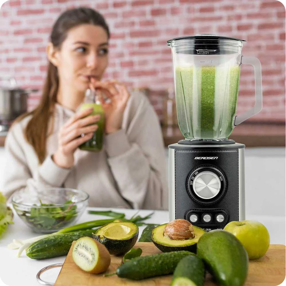 Juodas BD-751 Berdsen stiklinis trintuvas smoothie kokteiliams ir ledui, 1,5 l, 800 W