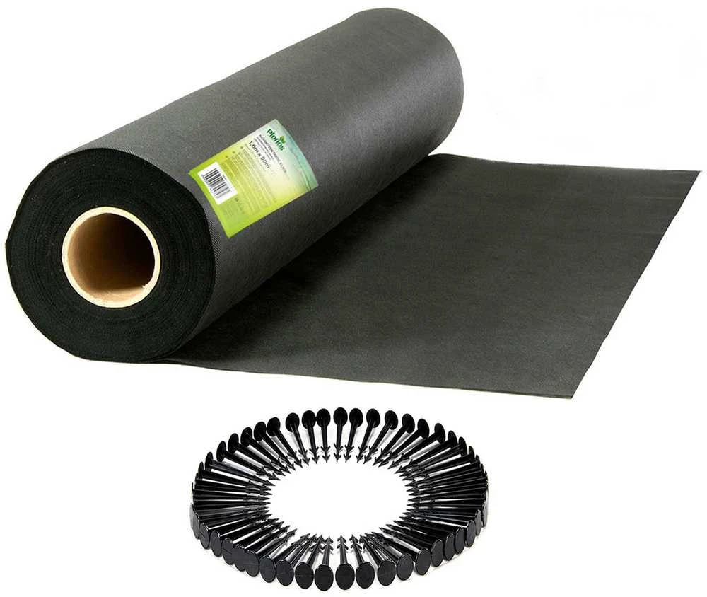 Sodo agrotekstilė 1,6 m x 50 m 70 g/m2 + 50 „Plonos“ kaiščių - juoda