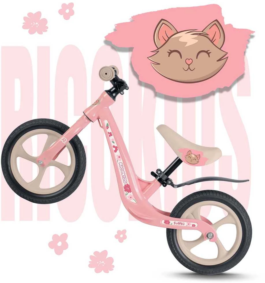 Rožinis Ricokids FUNNU balansinis dviratis su katinuku