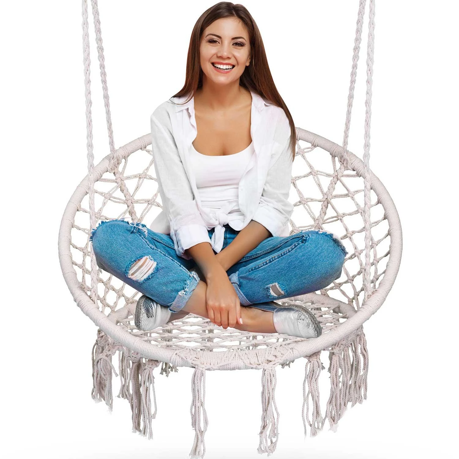 Boho pakabinamas krėslas, smėlio spalvos (be pagalvės)